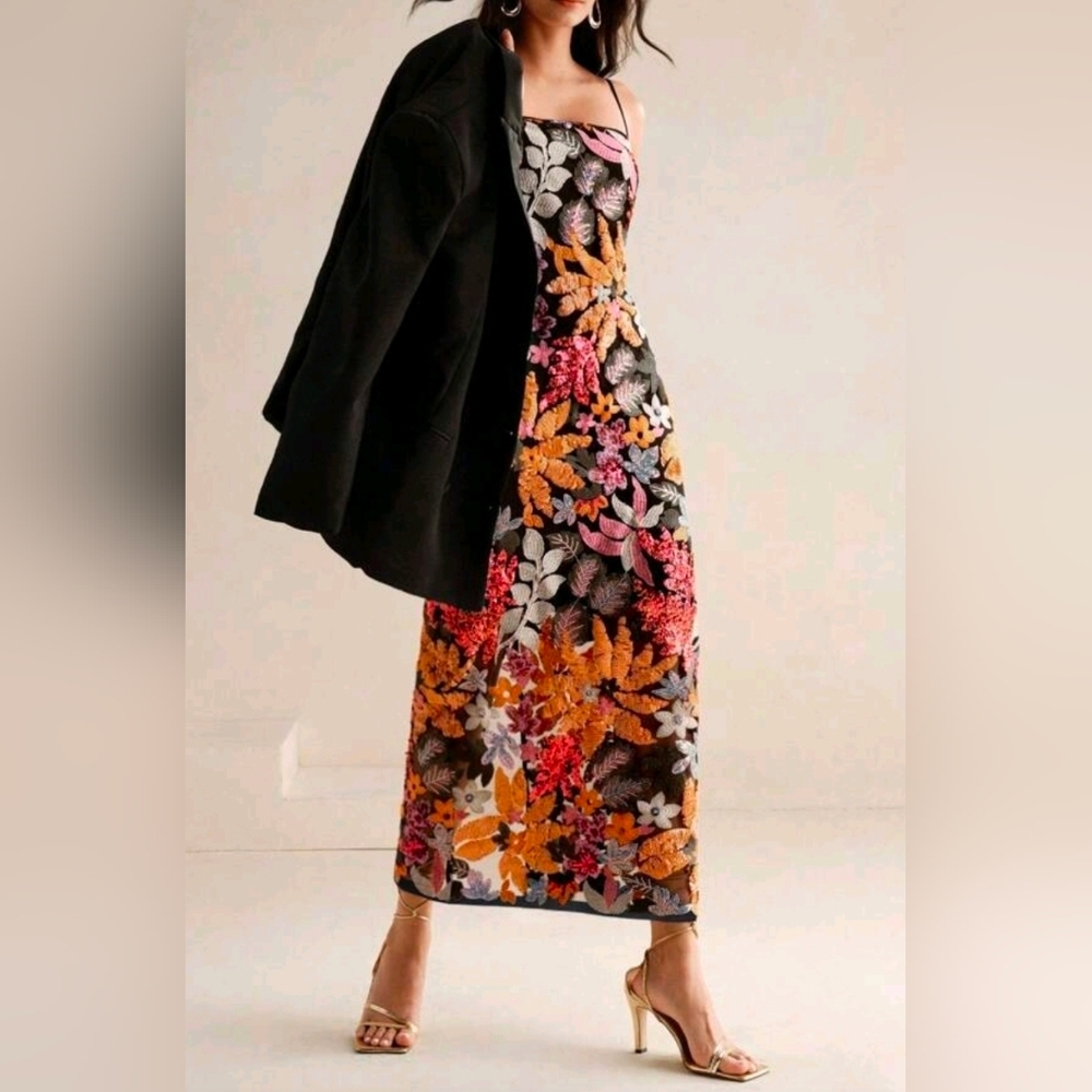 New Luxe Embroidered Sequin Long Cami Dress Black Multi Color